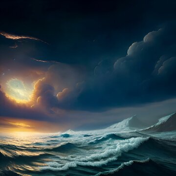 AI-generated image of a stormy ocean under a dramatic sunset sky