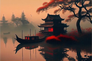 AI generated illustration of a mystical japanese oriental building reflected on the lake