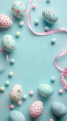 Fototapeta na wymiar Pastel colored Easter eggs and candies on a blue background with pink ribbons.