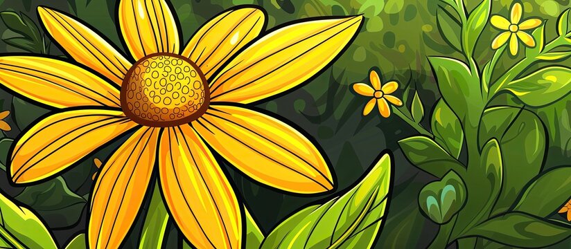 A close up picture of a yellow flower with petals surrounded by green leaves, creating a beautiful natural picture frame. It showcases the beauty of a terrestrial plant, an annual flowering plant
