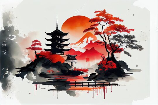 AI-generated illustration of ink wash painting of an ancient oriental temple at the sunset