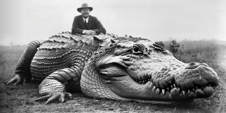 Old vintage 19th century photograph of a giant man-eater crocodile and hunter explorer posing alongside. biggest ever recorded croc click bait style photo.