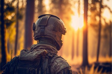 AI generated military man in forest at sunset - obrazy, fototapety, plakaty