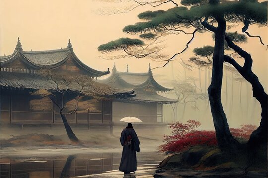 AI-generated illustration of a watercolor painting of  a man walking by an ancient Asian temple