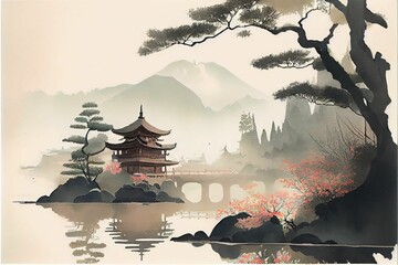 AI-generated illustration of an ink wash painting of an ancient Asian temple
