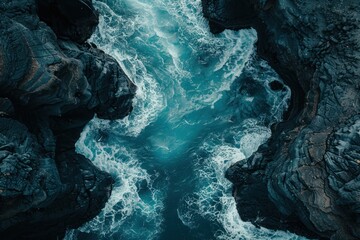 A top-down perspective of ocean waves crashing against the rocky shoreline