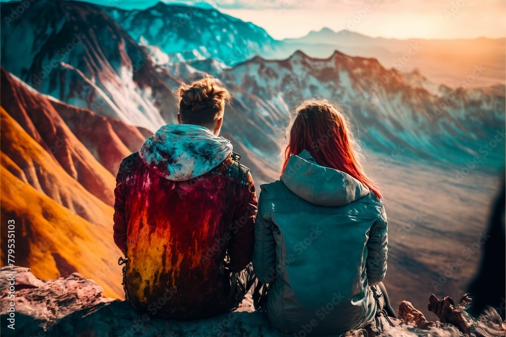 Wall mural ai generated couple enjoying the view of a majestic mountain in the distance