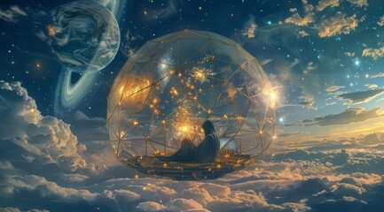 Person in contemplation under a starry geodesic dome. A serene image of a solitary figure in contemplation under a geodesic dome amidst stars and planets - obrazy, fototapety, plakaty