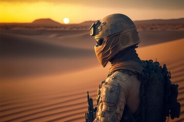 AI generated military service member wearing a full set of combat gear standing in desert - obrazy, fototapety, plakaty
