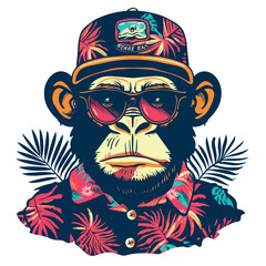 Fototapeta premium Monkey in a cap and sunglasses with tropical leaves. Vector illustration