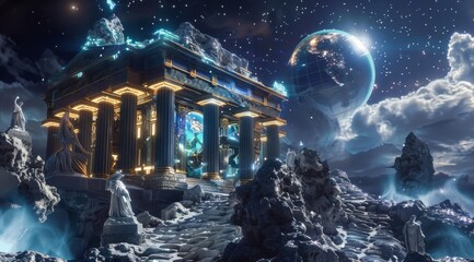 Cosmic temple on icy planetoid surface. A dynamic cosmic scene with an ornate temple on the rugged, icy surface of a planetoid and a space backdrop - obrazy, fototapety, plakaty