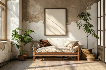 An interior design featuring a cozy living room with a comfortable couch, potted plants, and a picture frame on the wood paneled wall