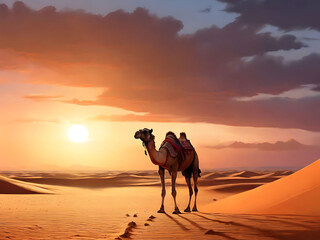 A Camel Walking in Desert. Generative AI - obrazy, fototapety, plakaty