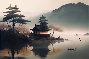 AI-generated illustration of ink wash painting of an Asian traditional temple by a lake
