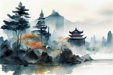 Illustration of ink wash painting of an ancient Asian temple