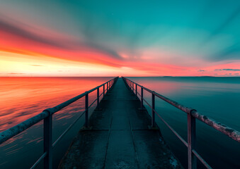 Fototapeta na wymiar Vibrant sunset sky with dramatic clouds over a pier, leading lines.