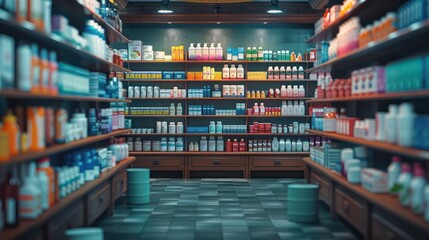 A store aisle with many bottles of medicine on the shelves - Powered by Adobe