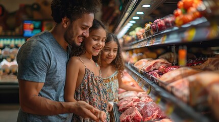 Obraz premium A man and two children are shopping for meat in a grocery store