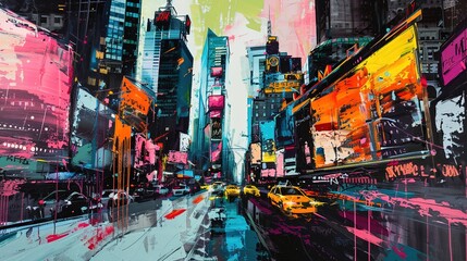 A contemporary cityscape rendered in bold colors and sharp lines, capturing the energy and vibrancy of urban life on canvas.