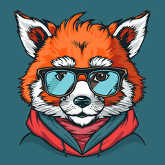 A cartoonish drawing of a red fox wearing glasses and a red hoodie. The fox has a goofy, playful expression on its face