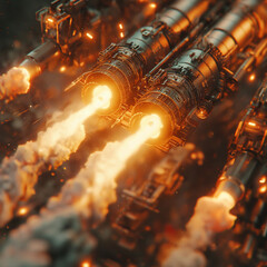 A futuristic space scene with a rocket blasting off