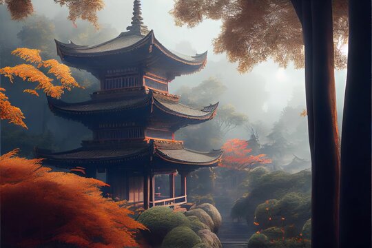 AI generated illustration of a Japanese style painting with landscapes and a traditional building