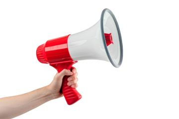Woman hand holding a red and white megaphone isolated on a cut out PNG transparent background
