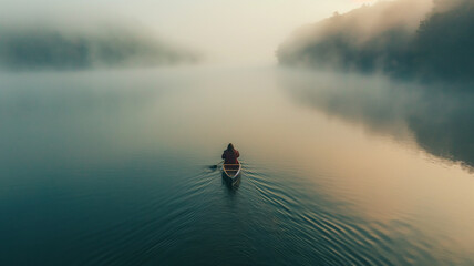 A man in a red canoe is paddling through a lake on a foggy day - obrazy, fototapety, plakaty