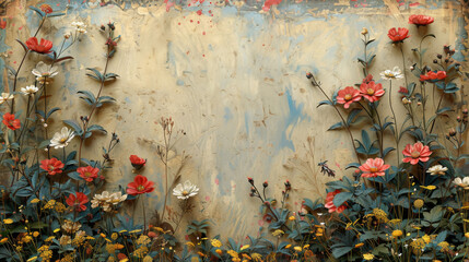 A Masterful Renaissance-Inspired Canvas Where Vivid Florals Rise Elegantly Against An Aged Textured Backdrop
