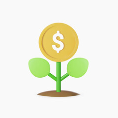 3d money tree plant with coin dollar. Business profit investment, finance education, business income concept. 3d render vector illustration.