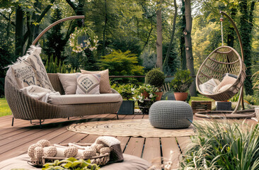 outdoor garden with a wooden terrace, rattan sofa and armchair surrounded by nature with a hanging chair and round table decorated with beige pillows and a blanket, a brown patterned carpet on the dec - obrazy, fototapety, plakaty