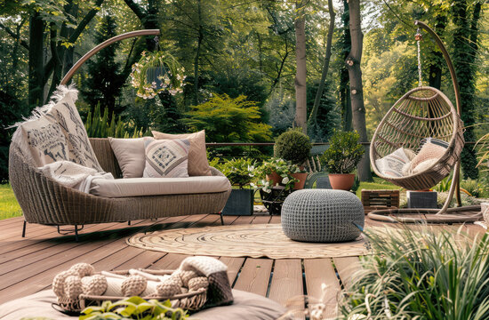 outdoor garden with a wooden terrace, rattan sofa and armchair surrounded by nature with a hanging chair and round table decorated with beige pillows and a blanket, a brown patterned carpet on the dec