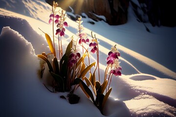 AI-generated illustration of the pink flowers surrounded by snow