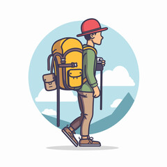 Hiking man with backpack. Vector illustration in a flat style.