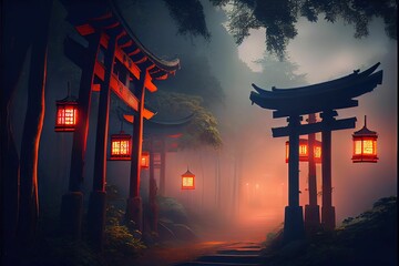 AI generated illustration of lit Japanese shrines in a foggy forest at night - a religious concept - obrazy, fototapety, plakaty