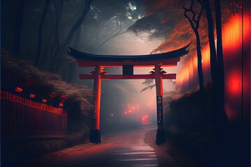AI generated illustration of a Japanese shrine in a foggy park at night - a religious concept - obrazy, fototapety, plakaty