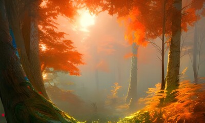 AI generated illustration of a foggy forest with red lights and the sun peeking through