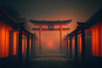 AI generated illustration of a Japanese shrine covered in fog at night - a religious concept - obrazy, fototapety, plakaty