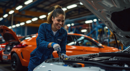 Female mechanic working on a car engine in a garage, smiling and wearing a blue uniform with safety glasses - obrazy, fototapety, plakaty