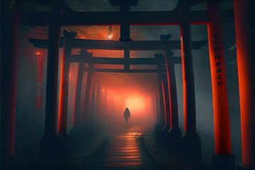 AI generated illustration of a monk's silhouette at a Japanese shrine at night - a religious concept - obrazy, fototapety, plakaty