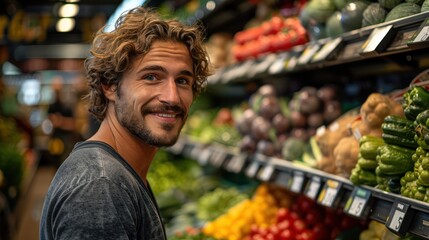 A man is smiling in front of a vegetable section in a grocery store