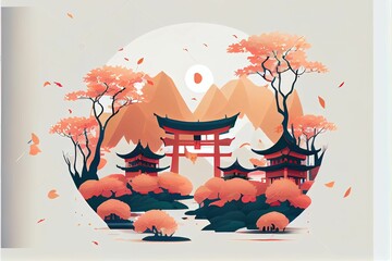 AI generated illustration of Japanese shrines in a dreamy autumn landscape - a cultural concept - obrazy, fototapety, plakaty
