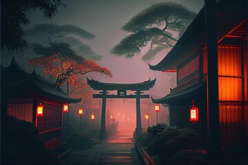 AI generated illustration of a Japanese shrine with glowing lamps at night - a religious concept