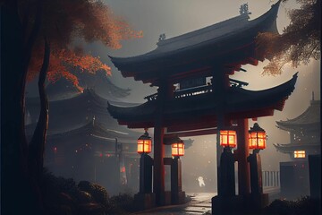 AI generated illustration of a Japanese shrine with glowing lamps at night - a religious concept