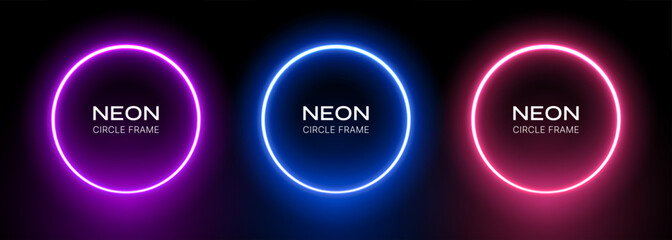Round neon light frame. Ring abstract gradient led border. Blue, pink and violet laser circles on a black background. Bright electric vector set of spheres templates.