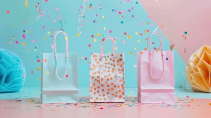 Three bags with polka dots are on a table with confetti