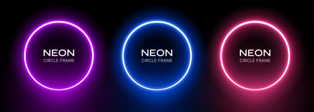 Round neon light frame. Ring abstract gradient led border. Blue, pink and violet laser circles on a black background. Bright electric vector set of spheres templates.
