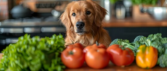 Golden retriever in kitchen eyeing fresh vegetables: promoting balanced pet nutrition. Concept Pets, Nutrition, Golden Retriever, Kitchen, Vegetables