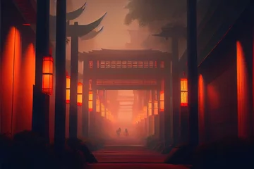 Fotobehang AI generated illustration of hyper-realistic torii gates and lit lanterns in the evening © Wirestock