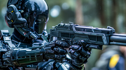 Futuristic soldier robot holding a gun in forest